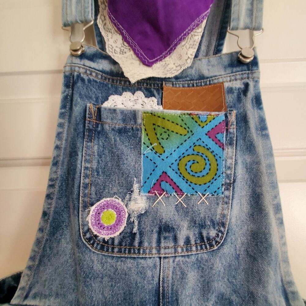 Refashioned Upcycled Patched and Distressed Boho‎ Overalls Handmade SzMed - Picture 11 of 13